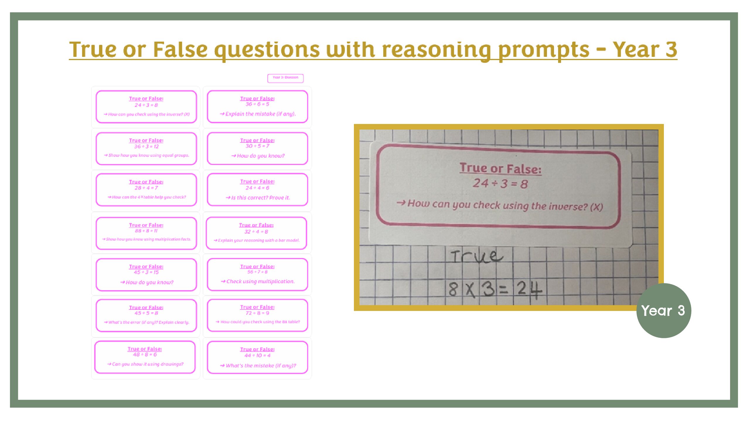 True of False Questions with Reasoning Prompts Year 3