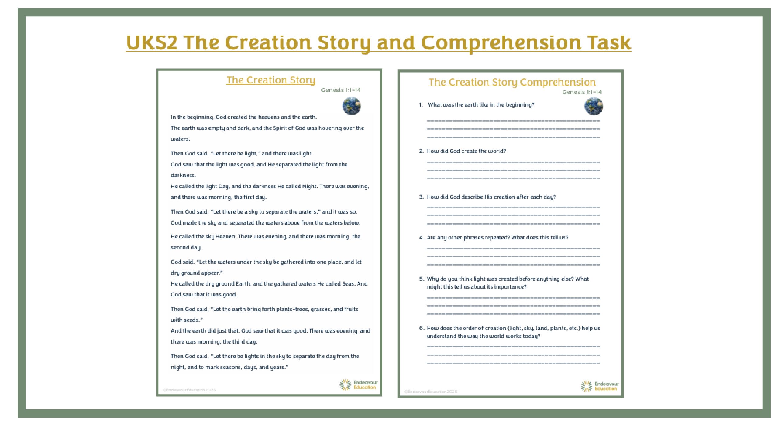 UKS2 The Creation Story and Comprehension Task