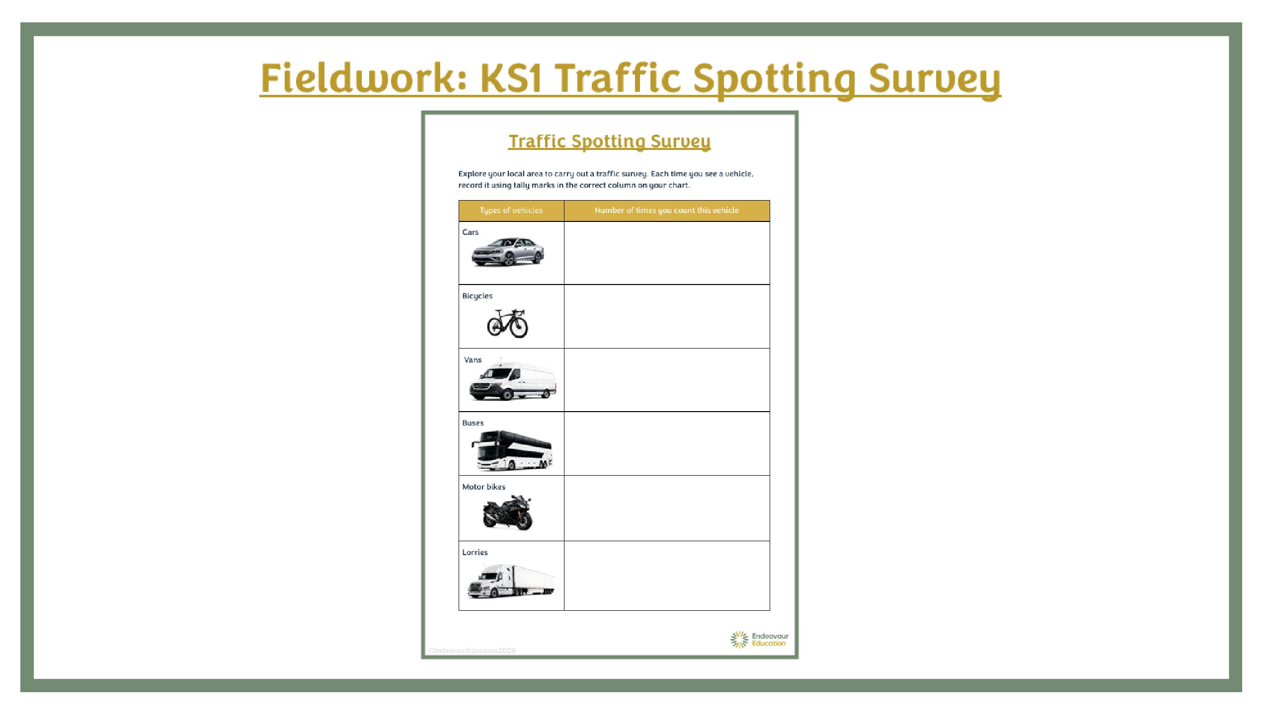 Fieldwork: KS1 Traffic Spotting Survey