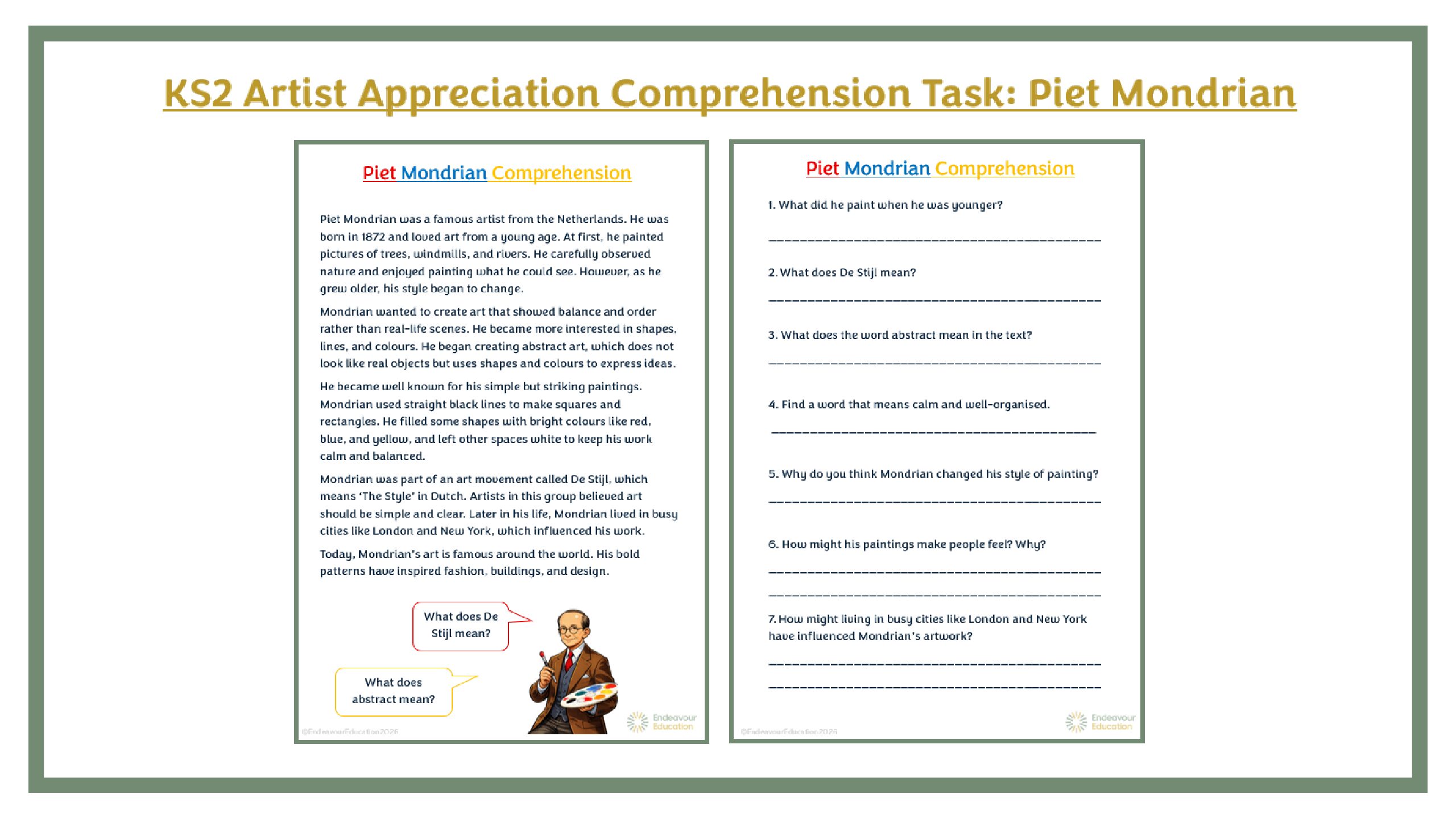 KS2 Comprehension Task: Piet Mondrian