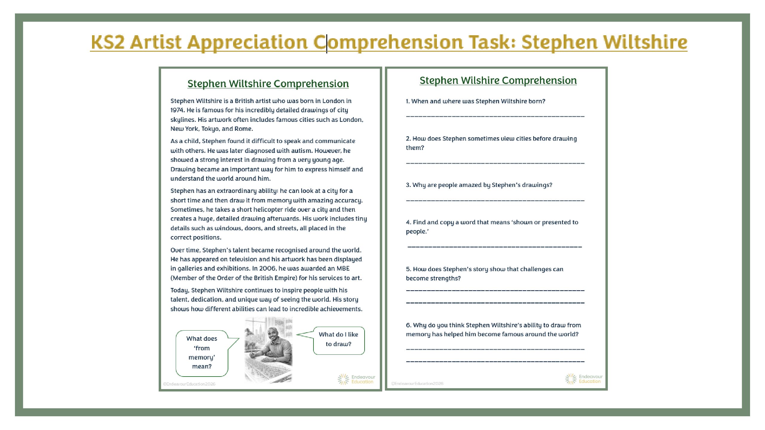KS2 Comprehension Task: Stephen Wiltshire
