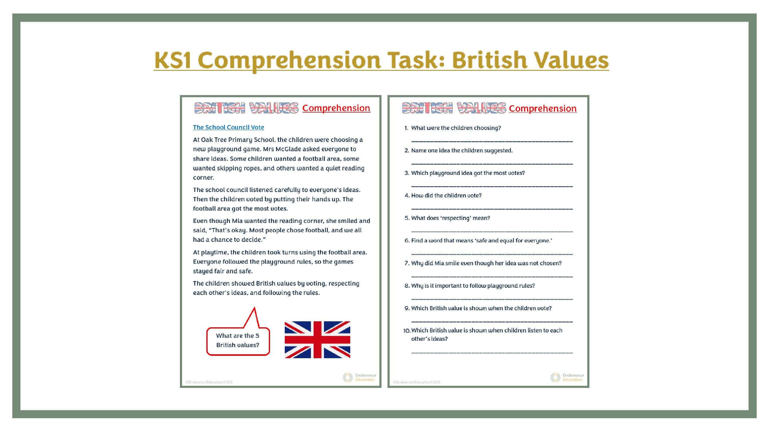 KS1 Comprehension Task: British Values