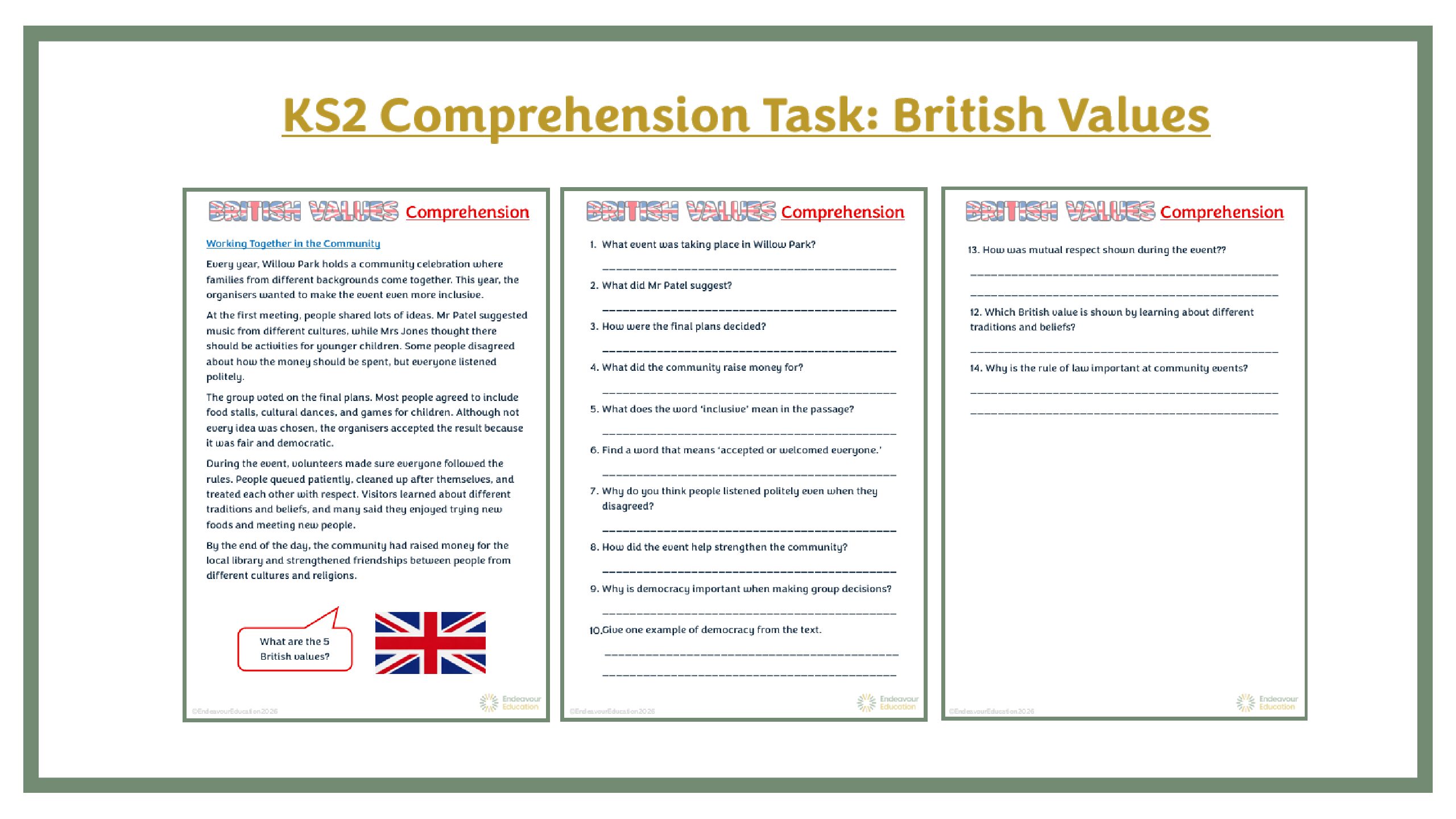 KS2 Comprehension Task: British Values