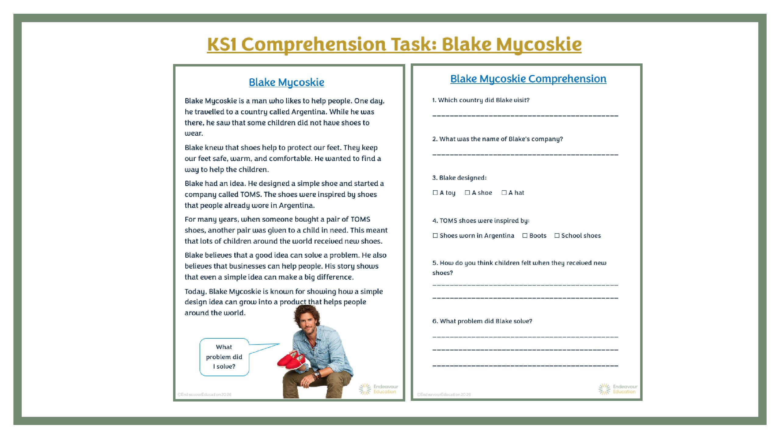 KS1 Comprehension Task: Blake Mycoskie
