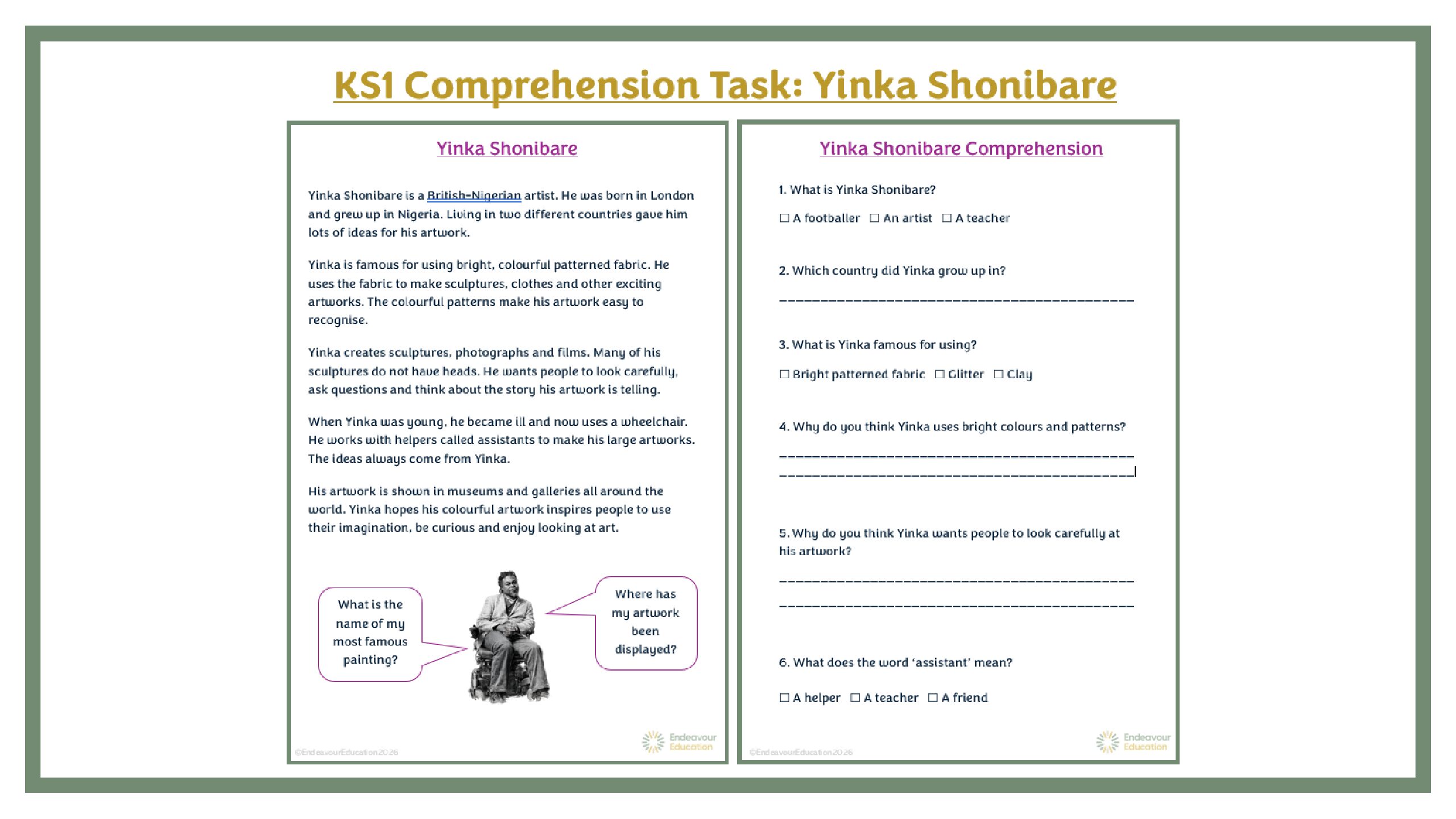 KS1 Comprehension Task: Yinka Shonibare