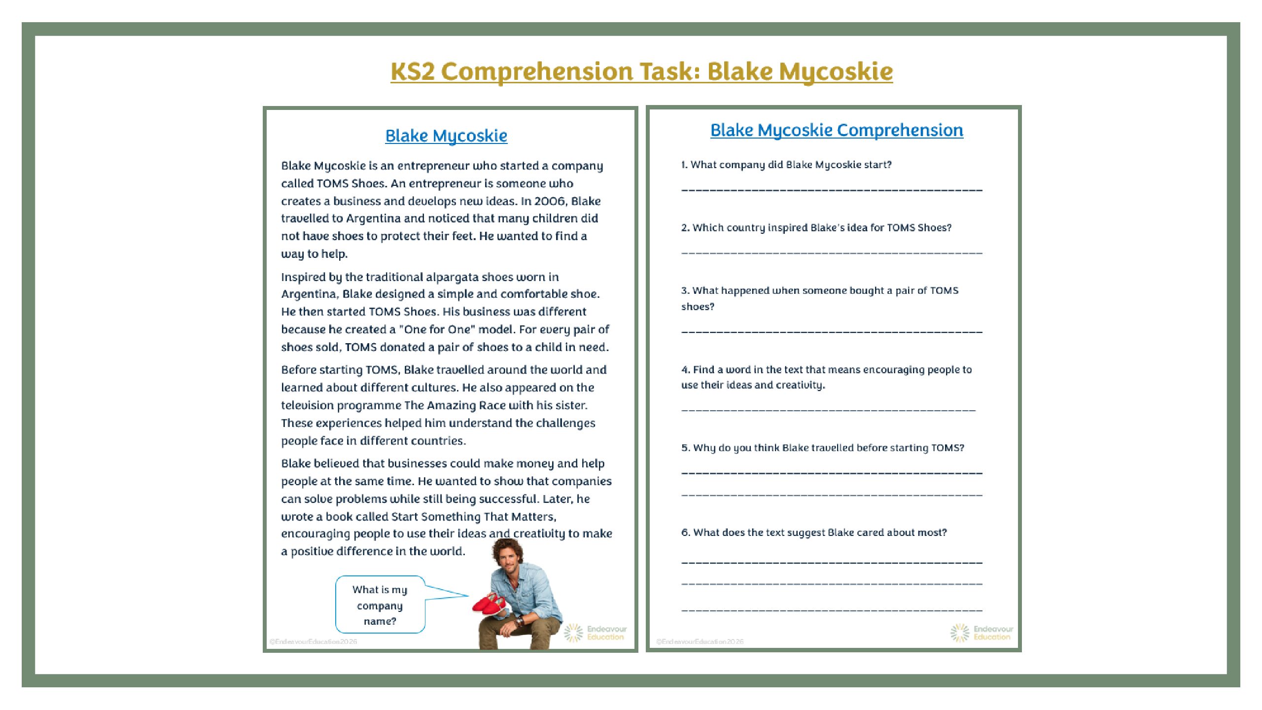 KS2 Comprehension Task: Blake Mycoskie