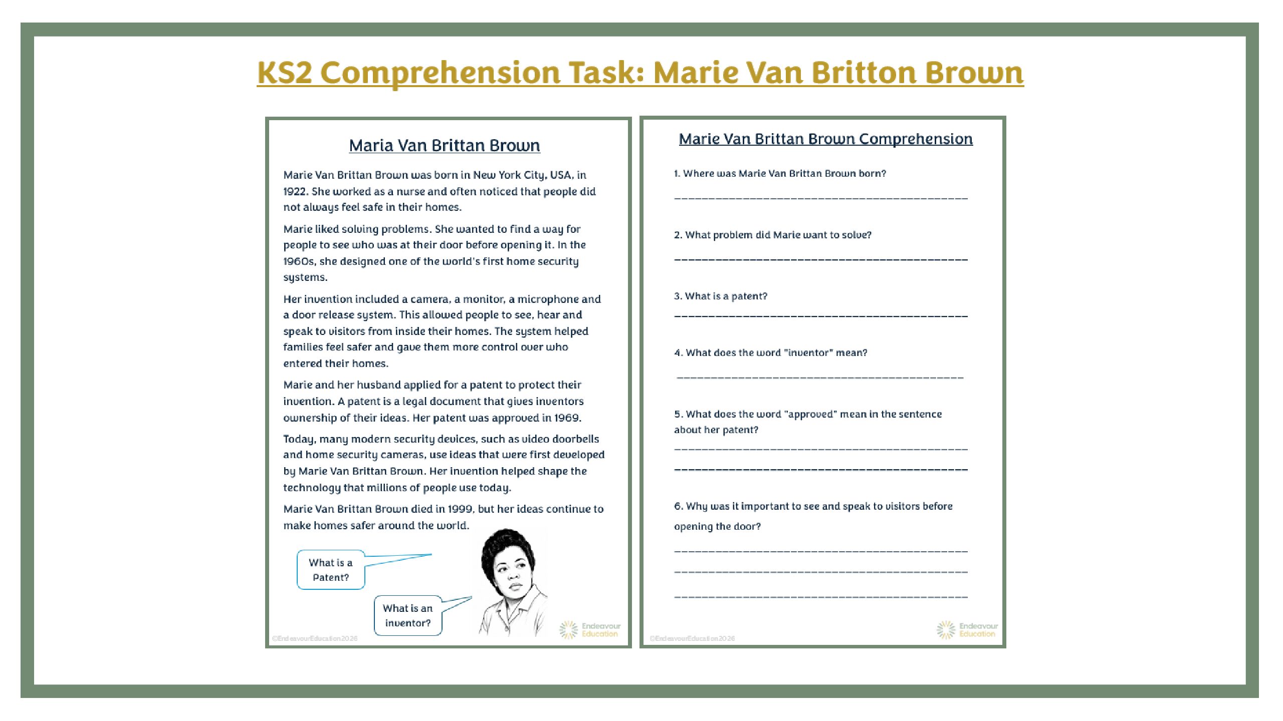 KS2 Comprehension Task: Marie Van Britton Brown