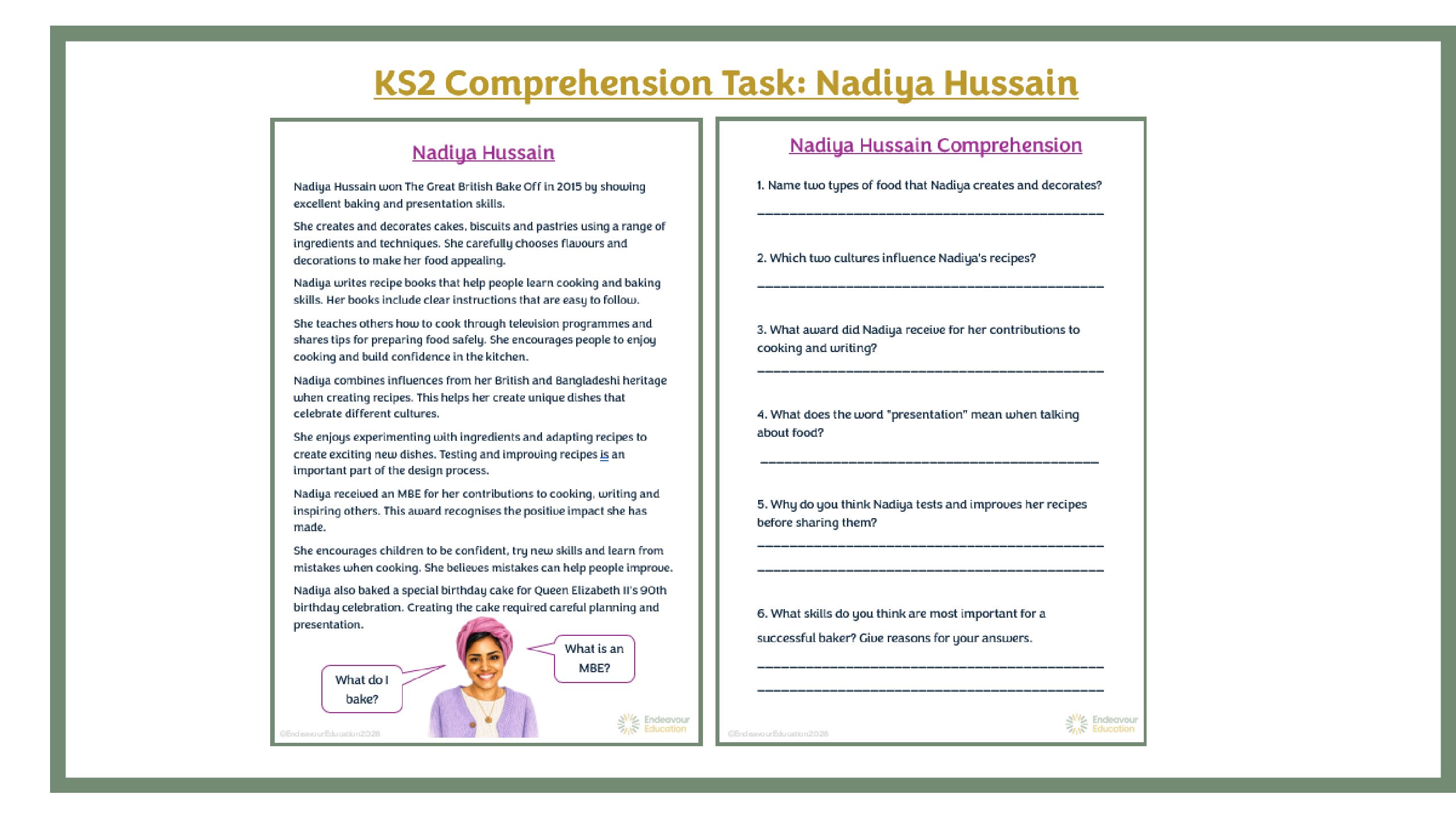 KS2 Comprehension Task: Nadiya Hussain