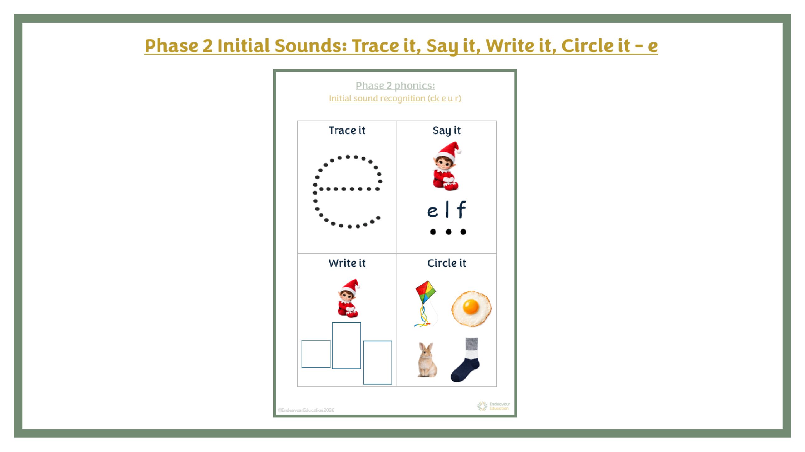 Phase 2 Initial Sounds: Trace it, Say it, Write it, Circle it - e
