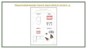 Phase 2 Initial Sounds: Trace it, Say it, Write it, Circle it - g