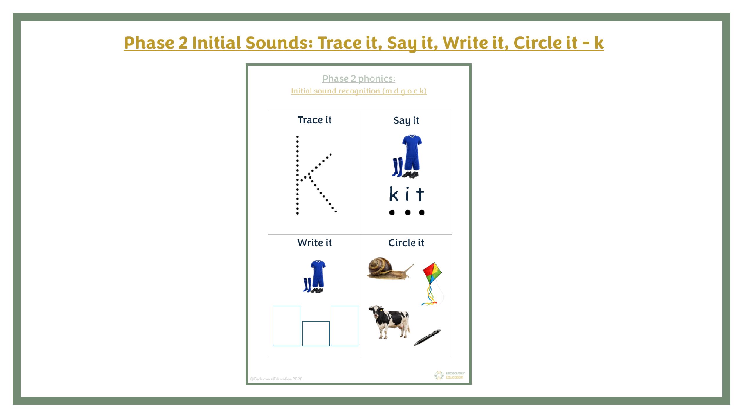 Phase 2 Initial Sounds: Trace it, Say it, Write it, Circle it - k
