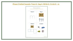 Phase 2 Initial Sounds: Trace it, Say it, Write it, Circle it - m