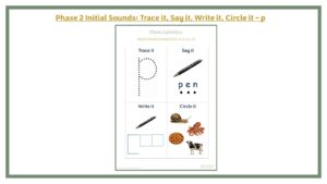 Phase 2 Initial Sounds: Trace it, Say it, Write it, Circle it - p
