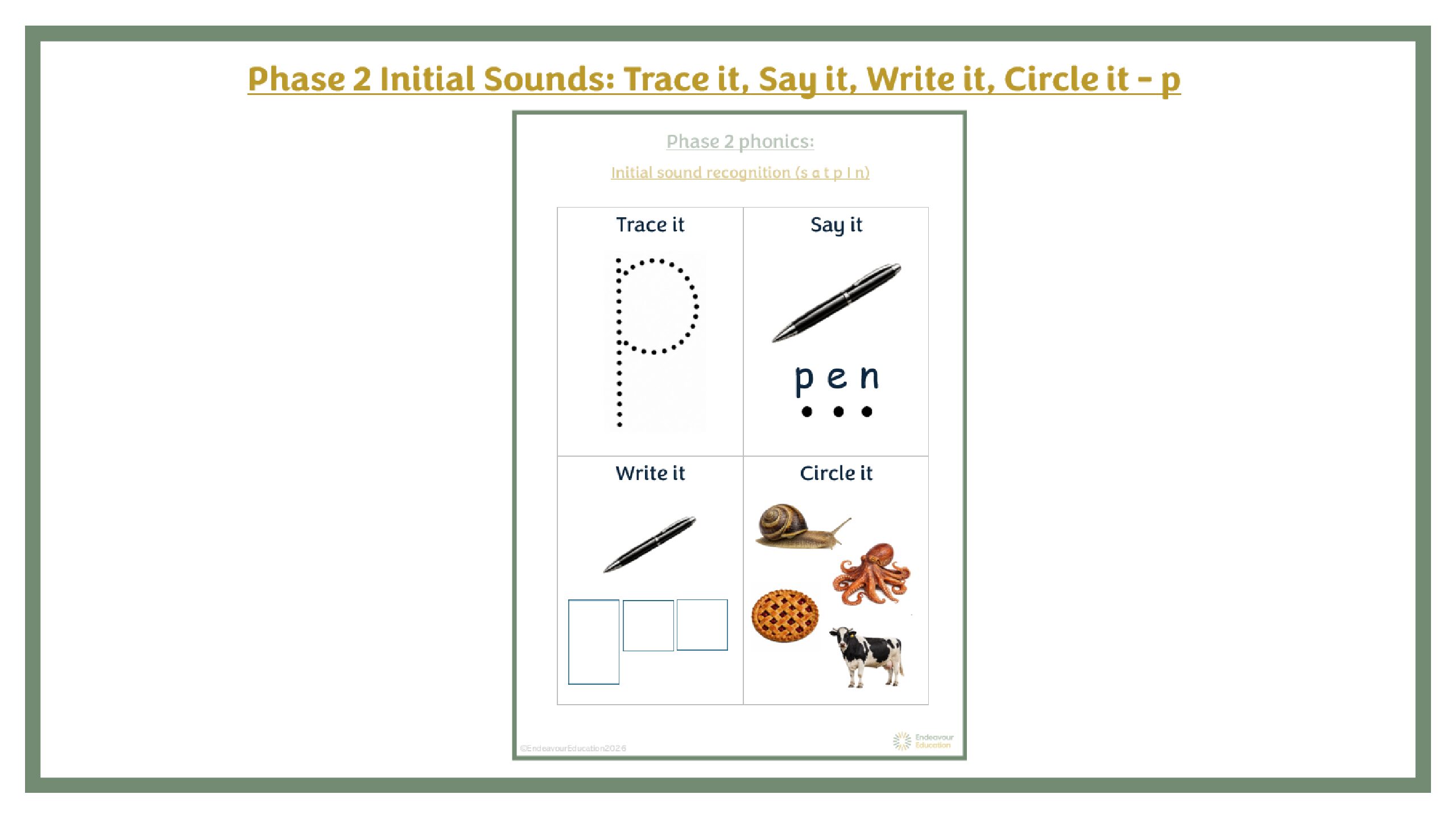 Phase 2 Initial Sounds: Trace it, Say it, Write it, Circle it - p