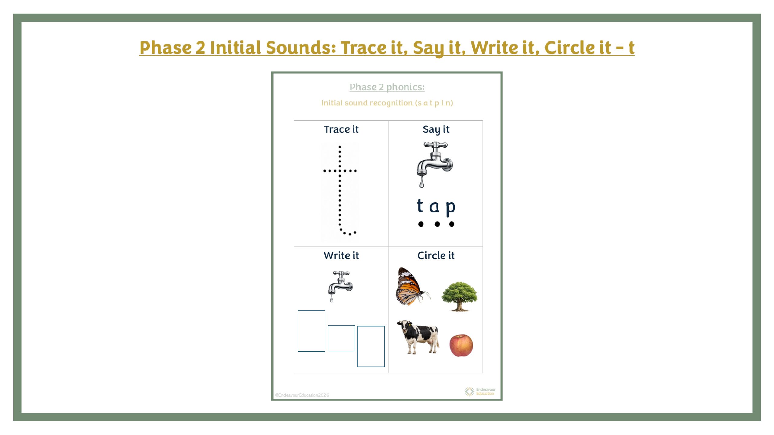 Phase 2 Initial Sounds: Trace it, Say it, Write it, Circle it - t