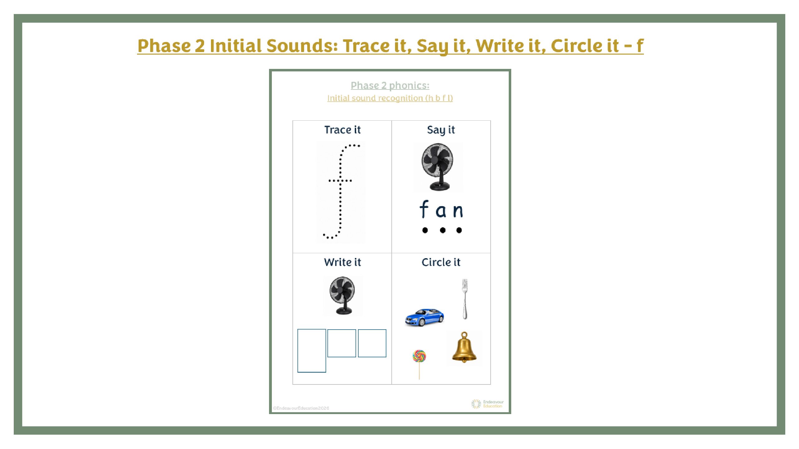 Phase 2 Initial Sounds: Trace it, Say it, Write it, Circle it - f