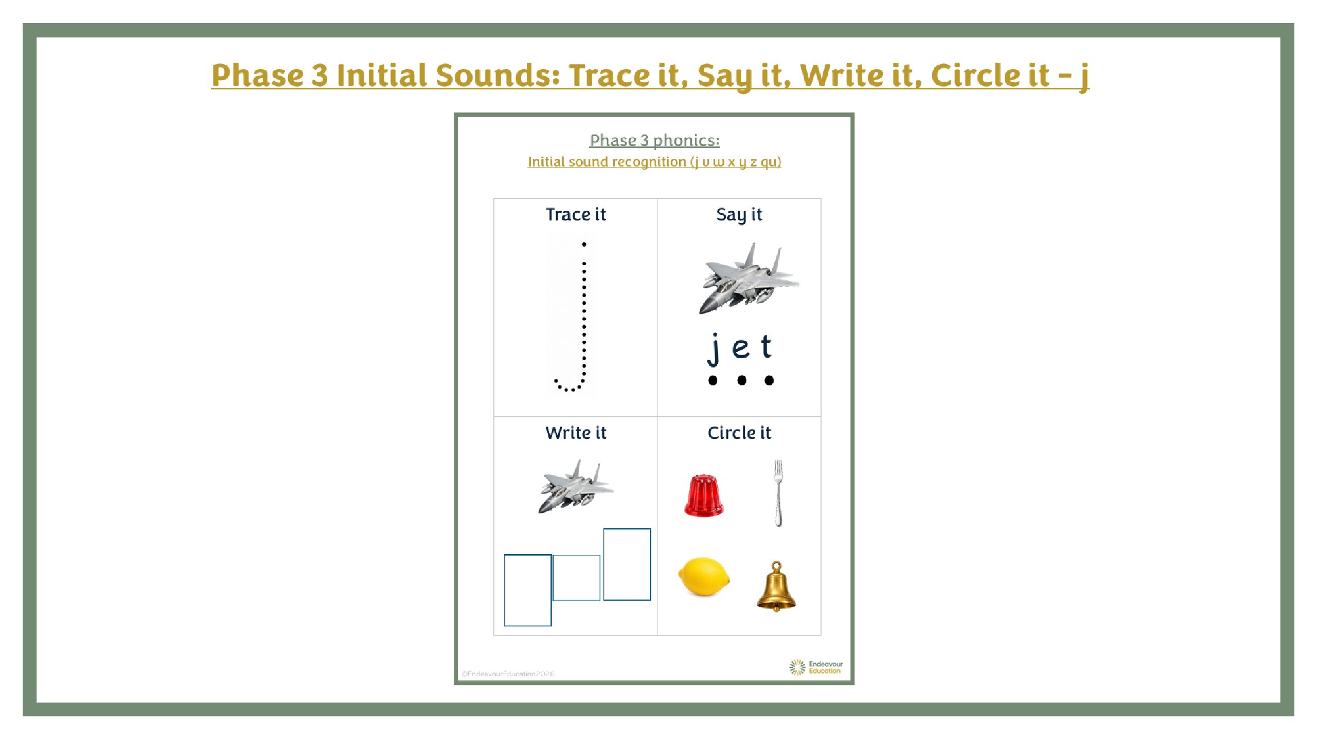Phase 3 Initial Sounds: Trace it, Say it, Write it, Circle it - j