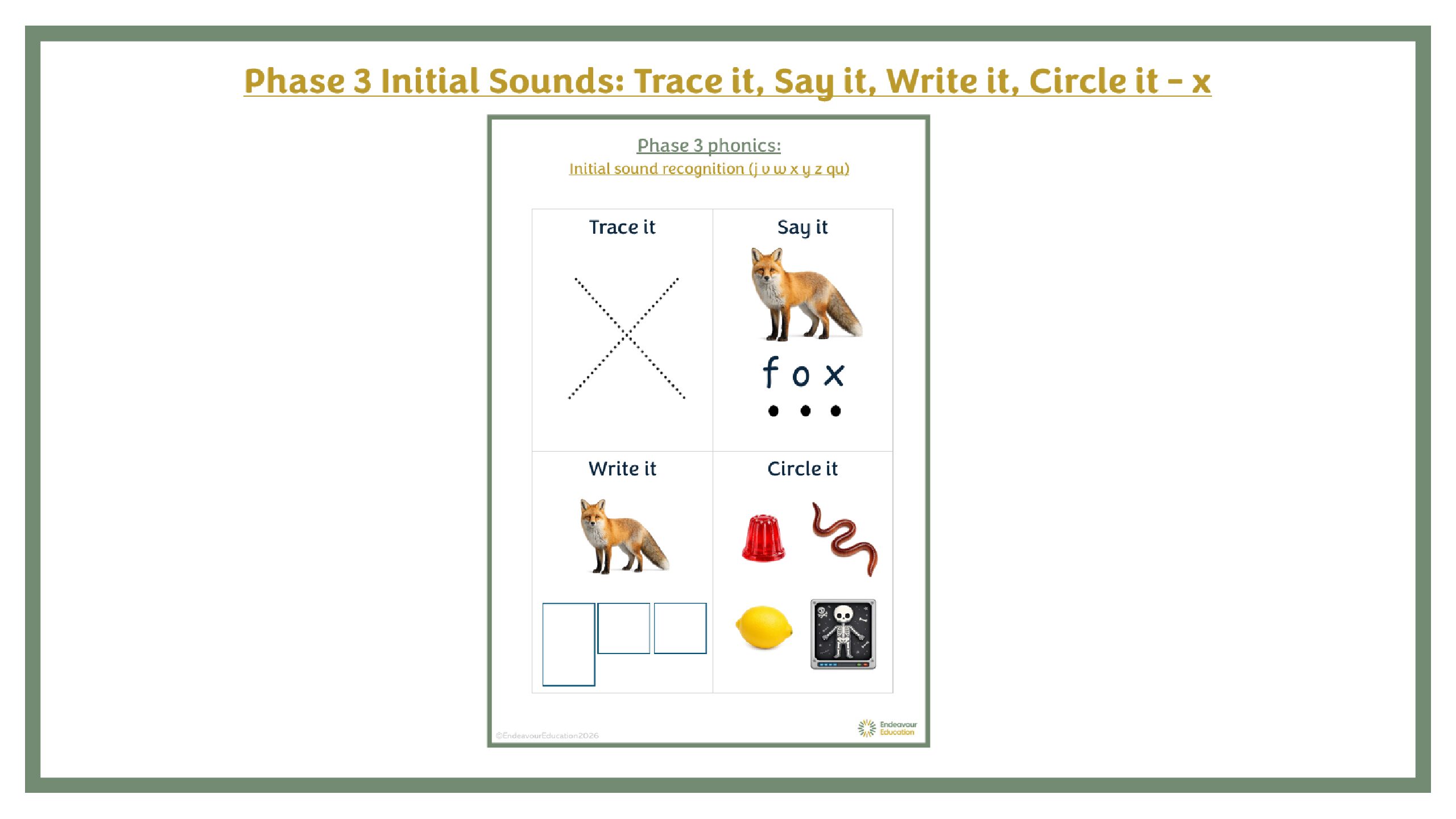Phase 2 Initial Sounds: Trace it, Say it, Write it, Circle it - x