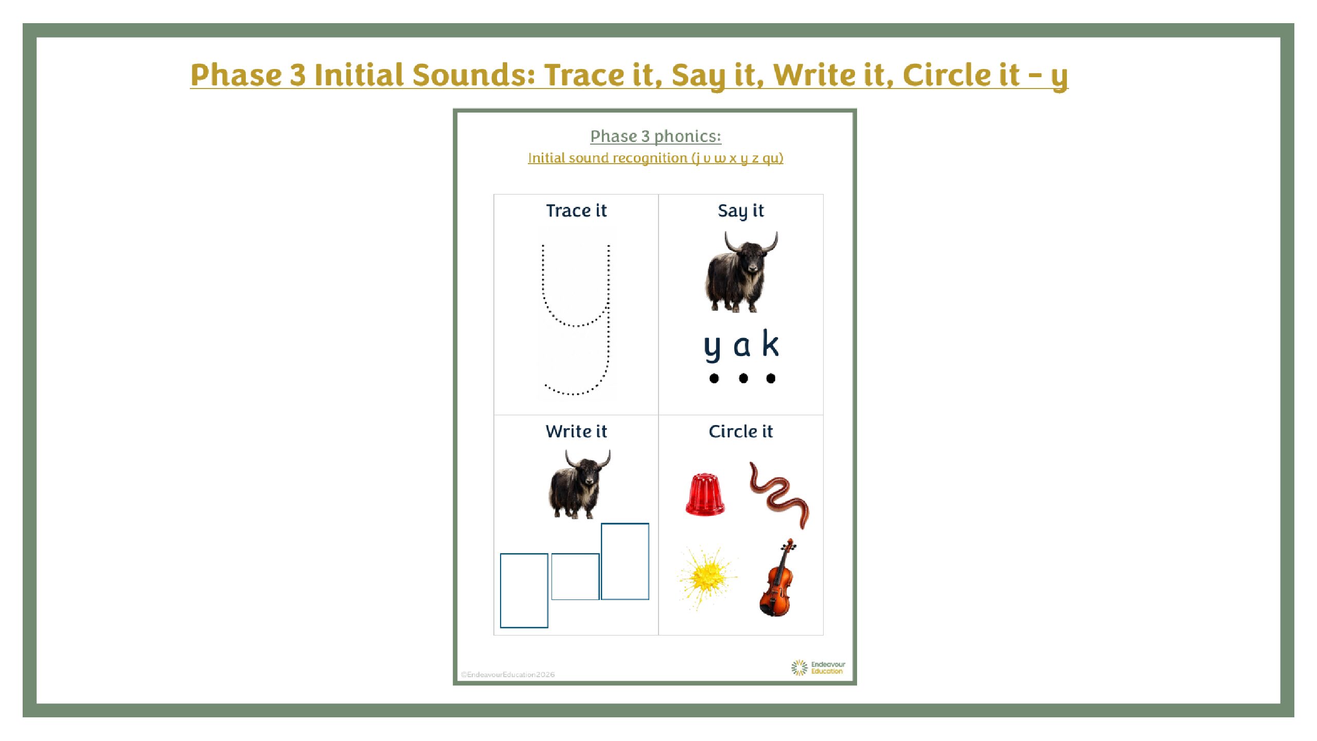 Phase 2 Initial Sounds: Trace it, Say it, Write it, Circle it - y