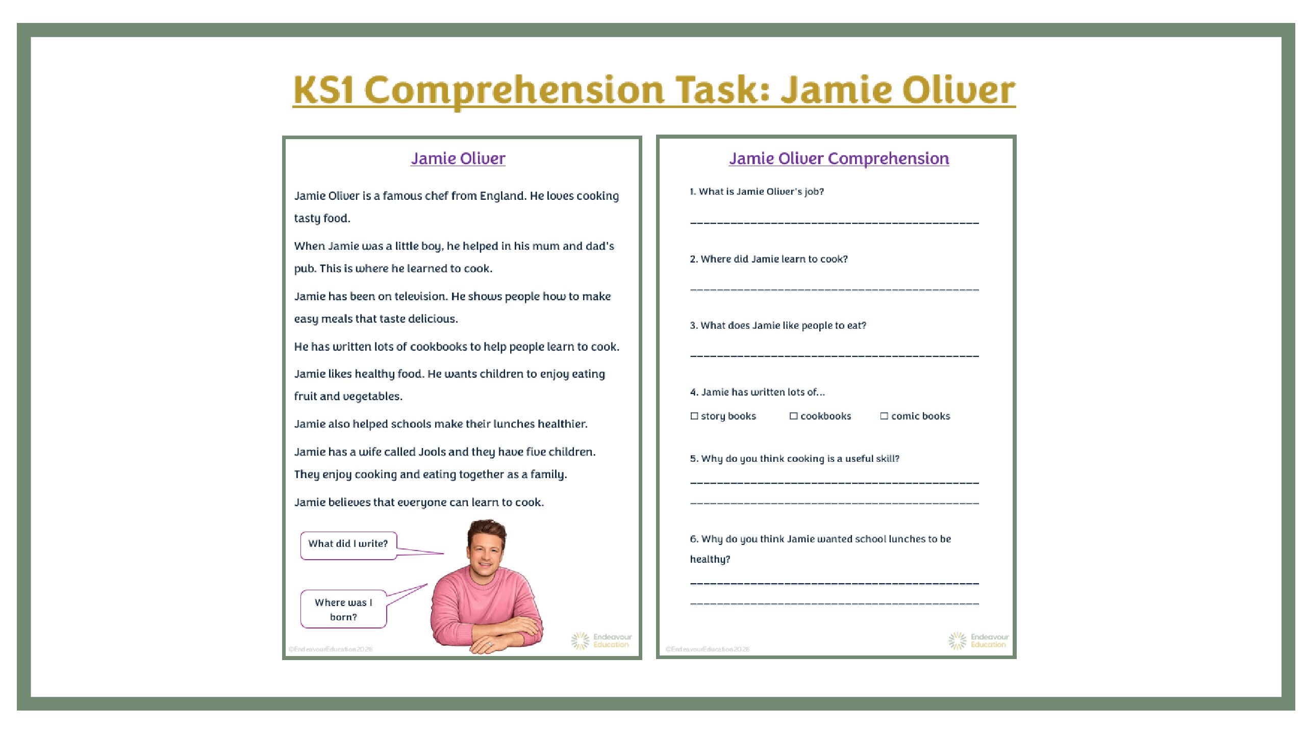 KS1 Comprehension Task: Jamie Oliver