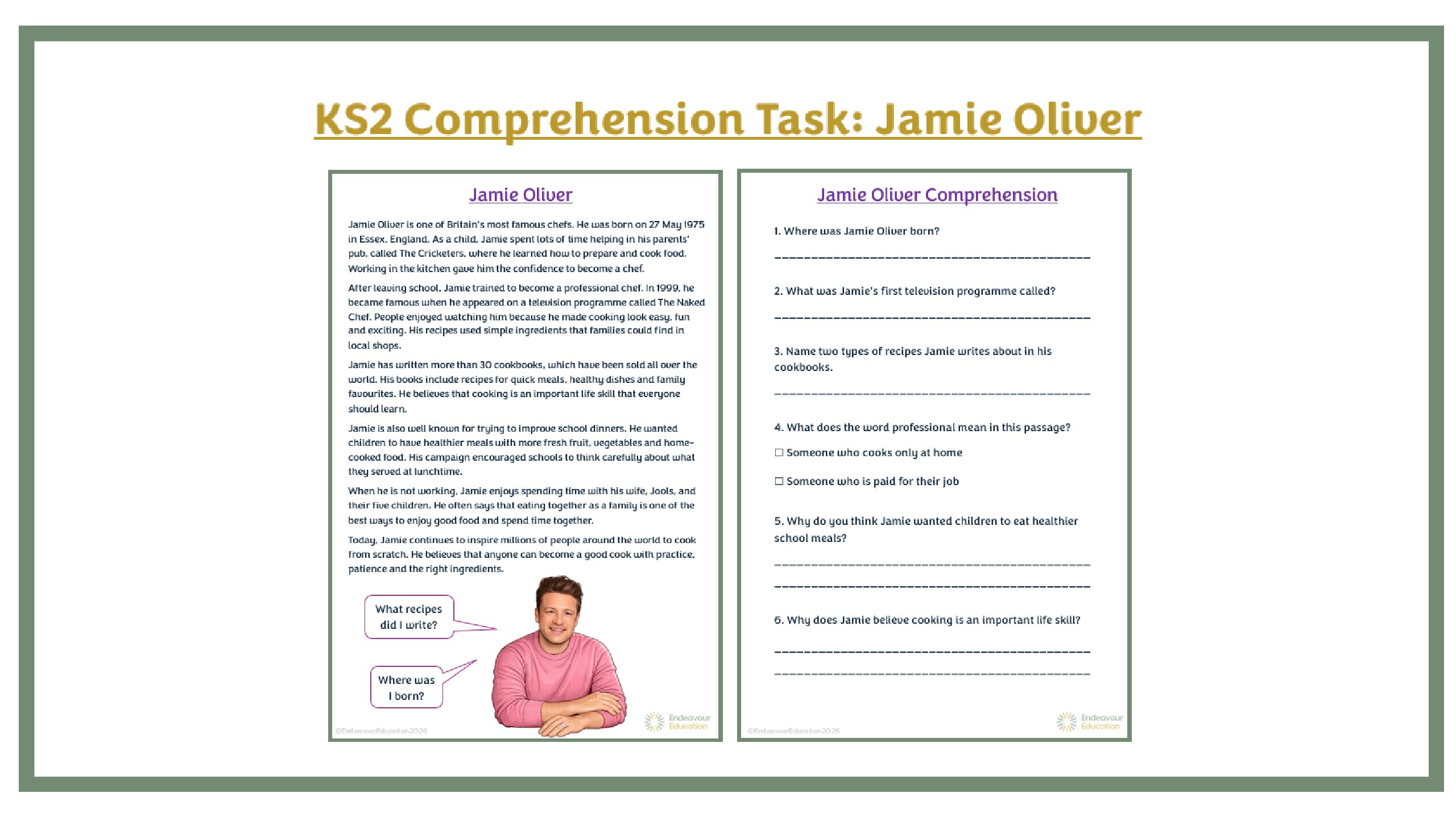 KS2 Comprehension Task: Jamie Oliver