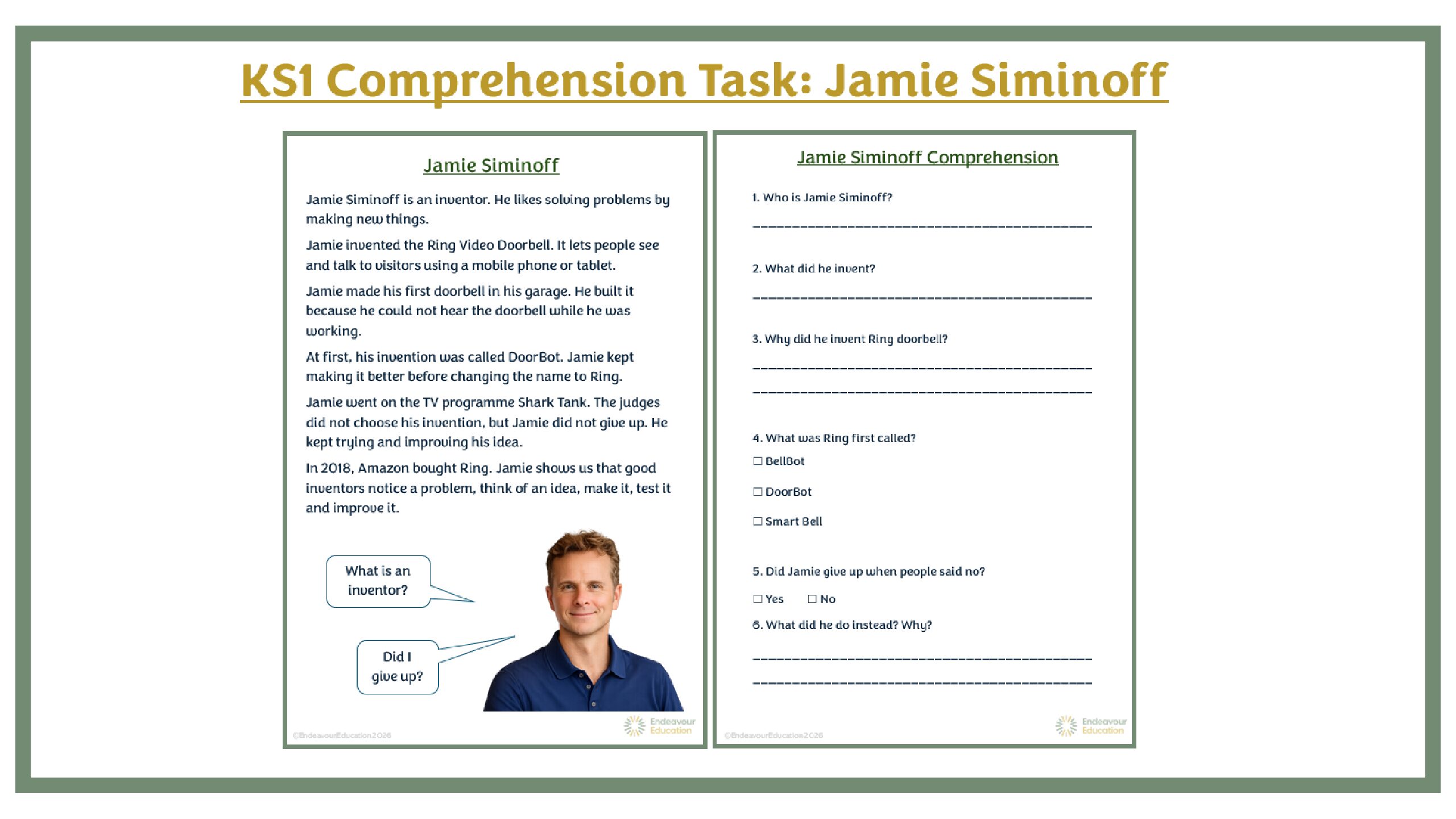 KS1 Comprehension Task: Jamie Siminoff
