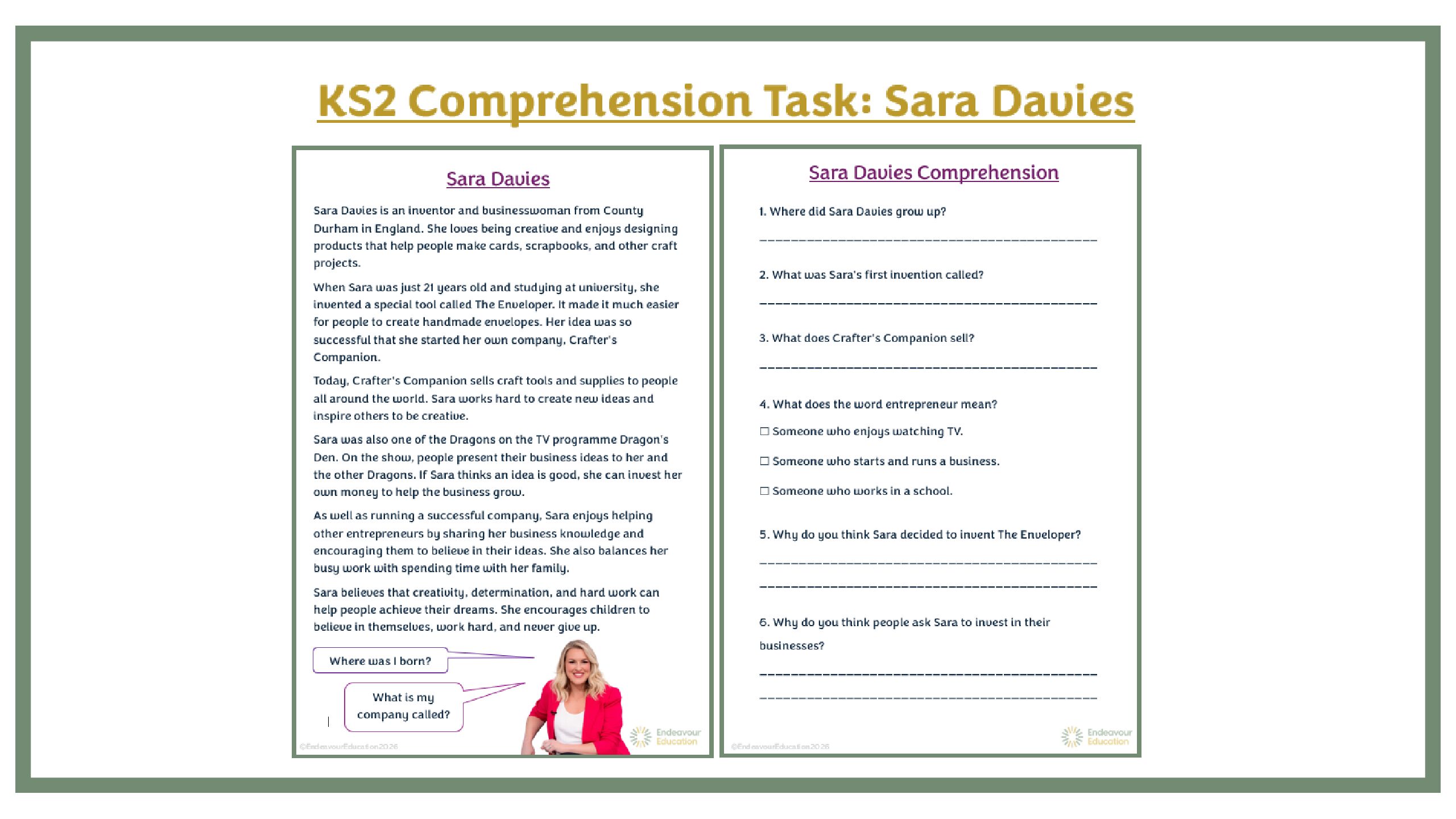 KS2 Comprehension Task: Sara Davies