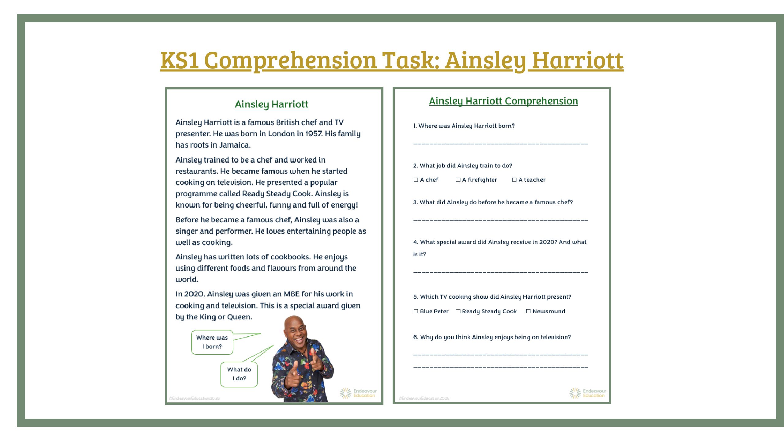 KS1 Comprehension Task: Ainsley Harriott