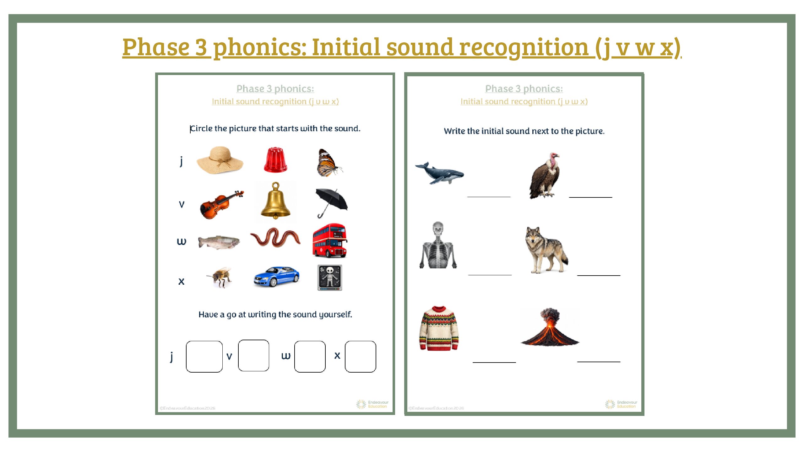 Phase 3 phonics: Initial sound recognition (j-v-w-x)