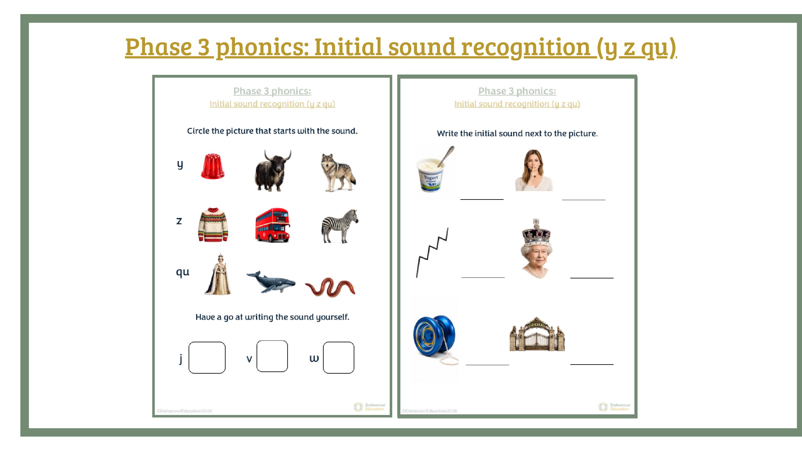Phase 3 phonics: Initial sound recognition (y-z-qu)