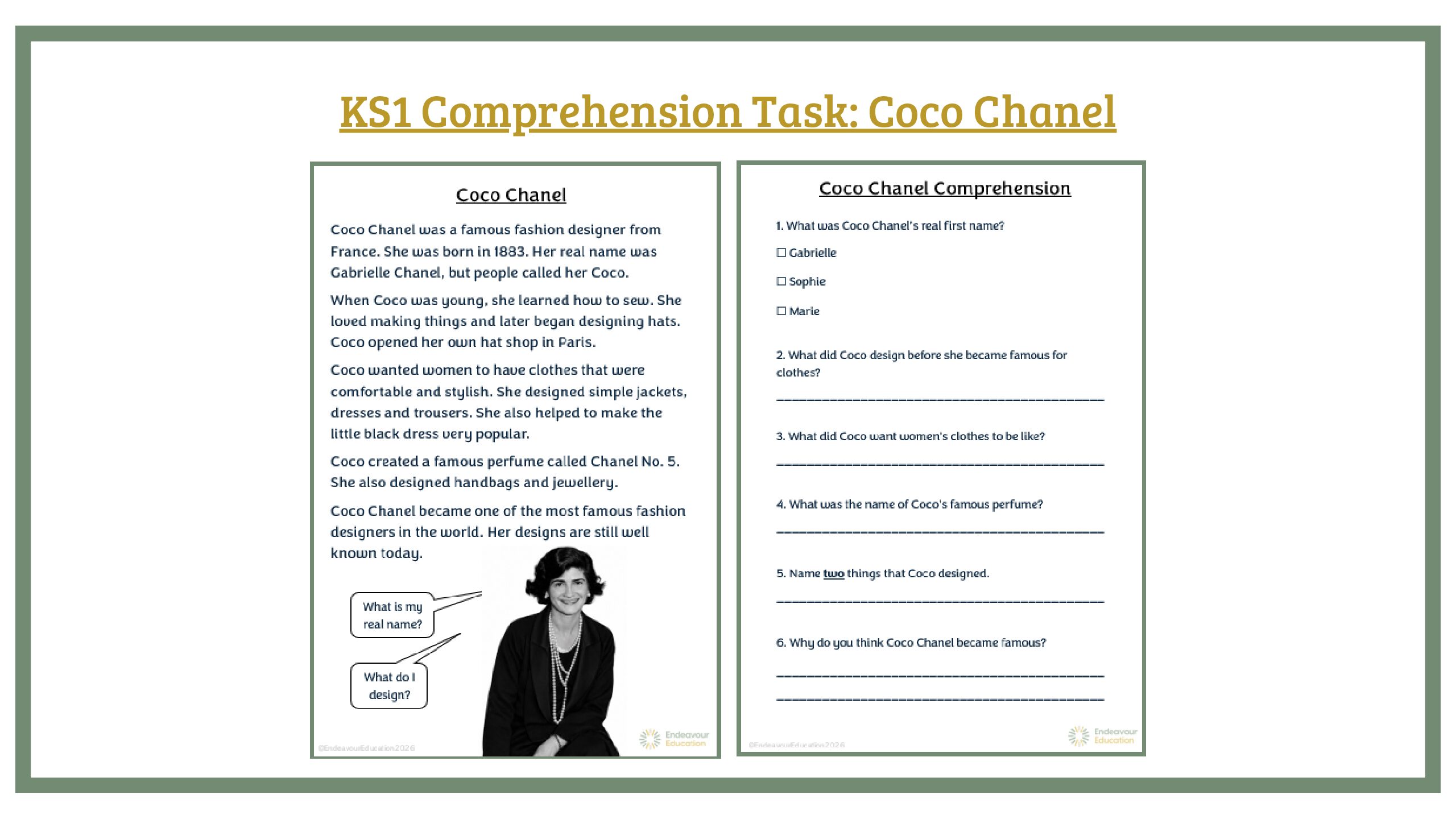 KS1 Comprehension Task: Coco Chanel