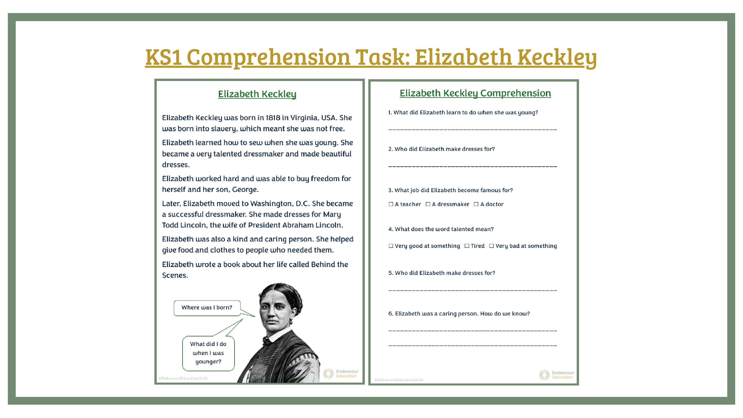 KS1 Comprehension Task: Elizabeth Keckley