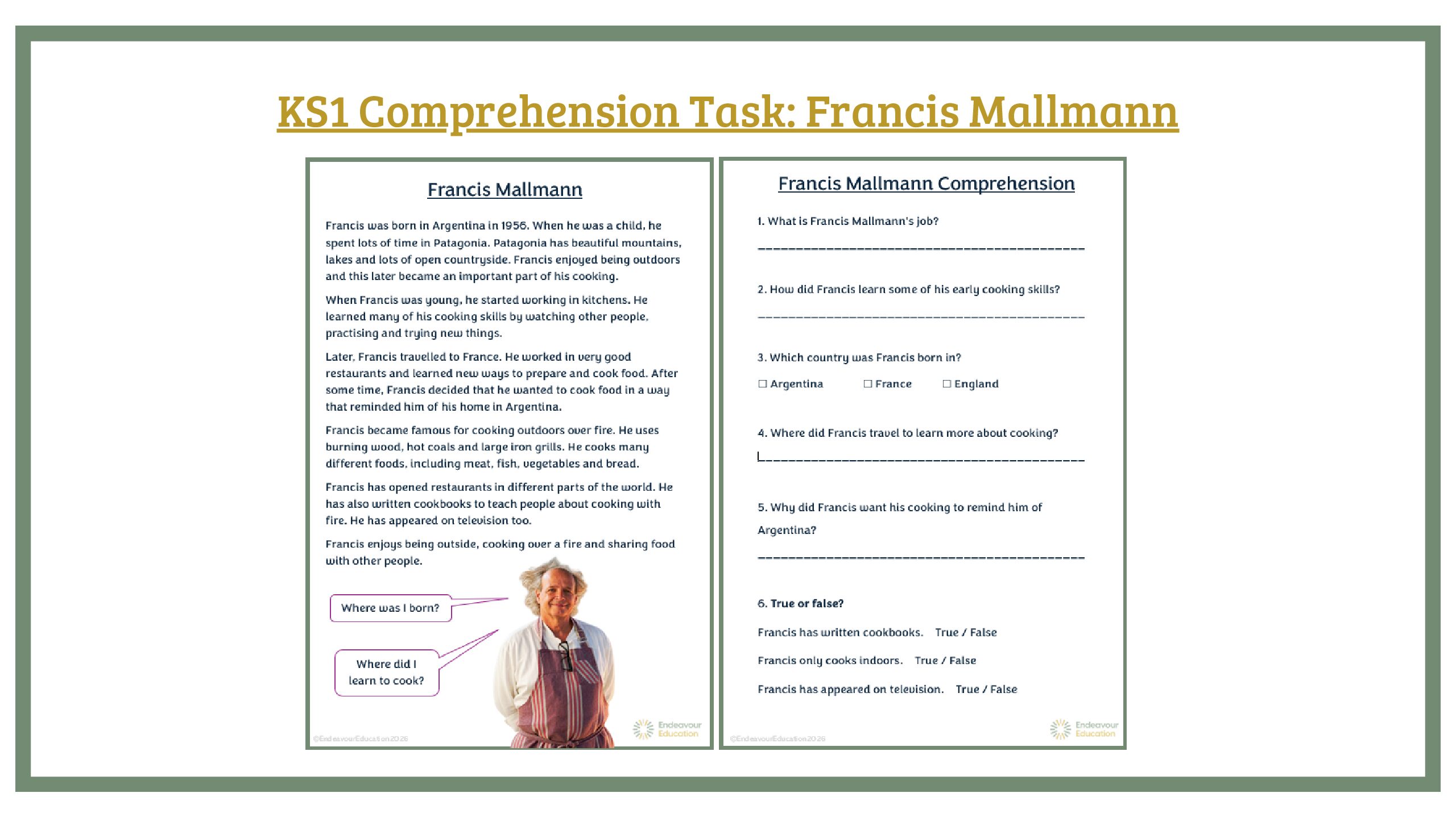 KS1 Comprehension Task: Francis Mallmann