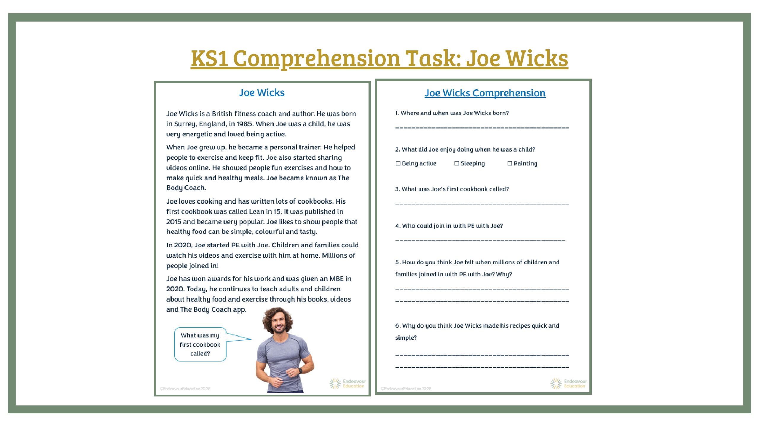 KS1 Comprehension Task: Joe Wicks