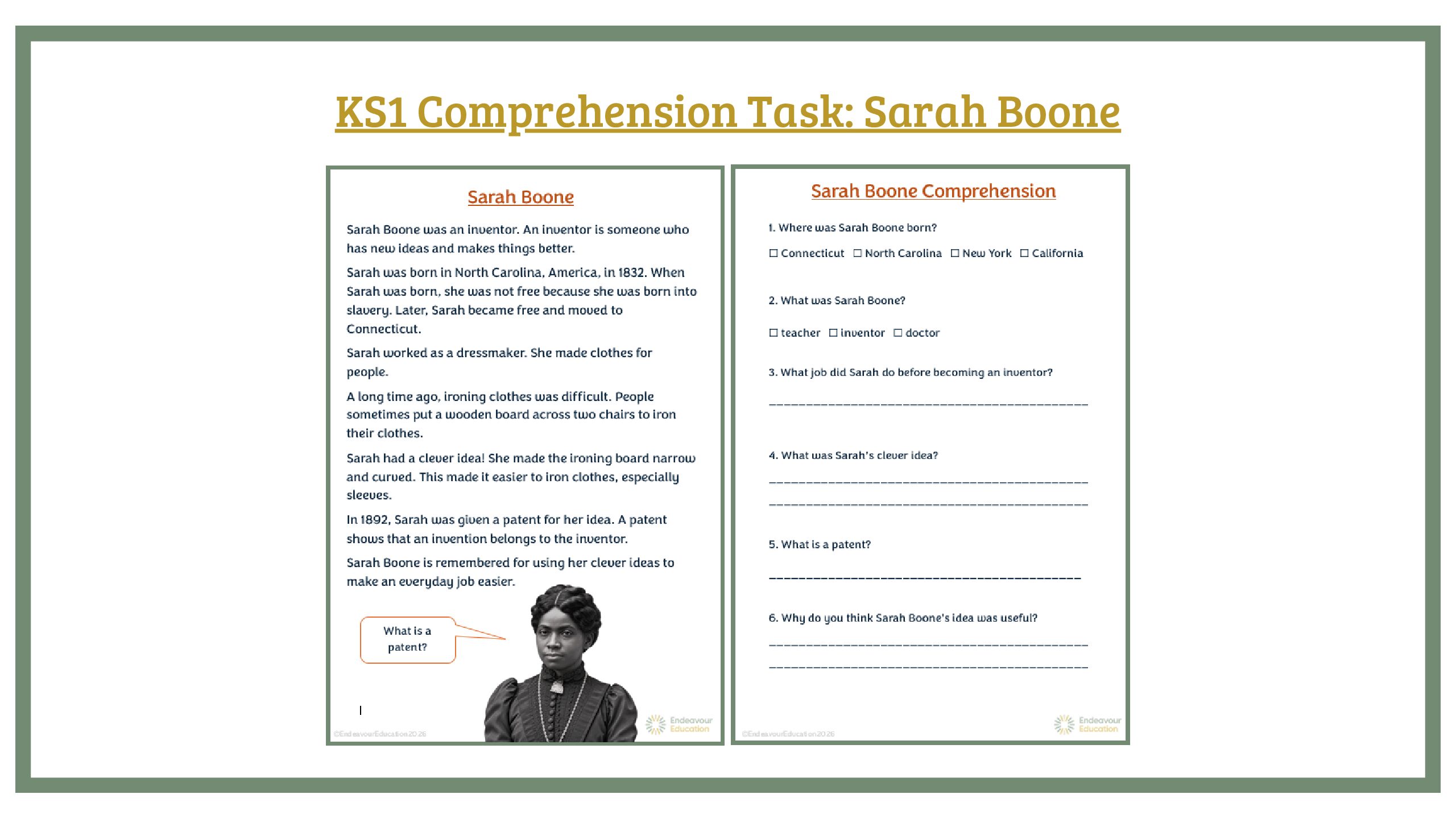 KS1 Comprehension Task: Sarah Boone