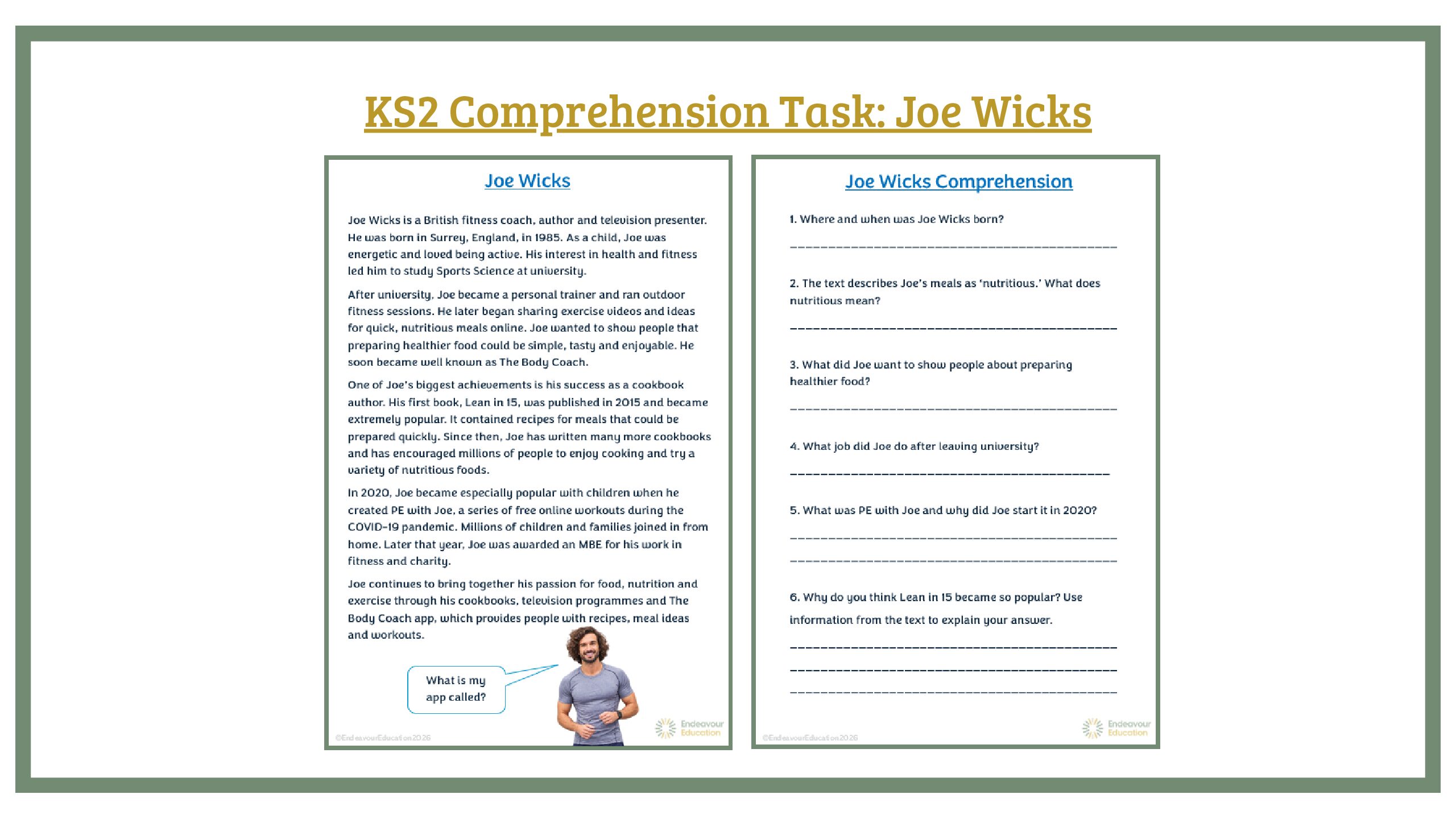 KS2 Comprehension Task: Joe Wicks