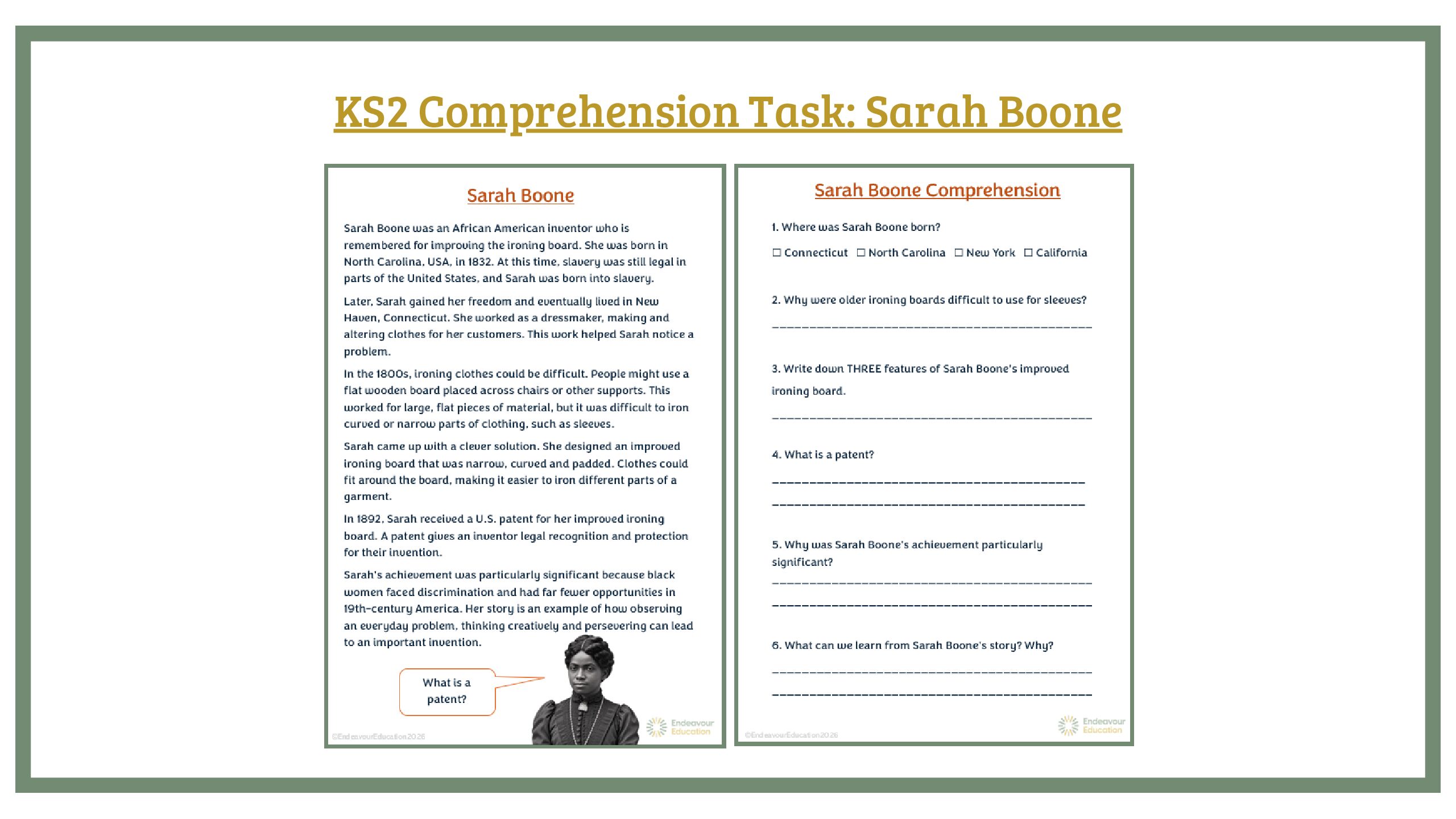 KS2 Comprehension Task: Sarah Boone